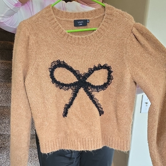Vici Sweaters - Vici Camel Sweater with Black Lace Bow